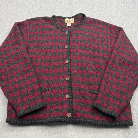 Woolrich Sweaters - Woolrich Cardigan Women's Large Red Plaid 100% Wool Shaggy Button Front Sweater